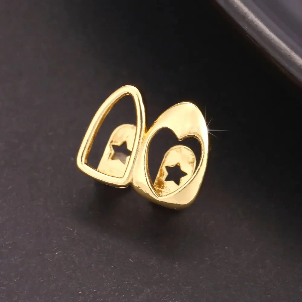 2pcs Set Hip-hop Gold Color Hollowed Hearts Zircon Inlay Stainless Steel Dental Grills for Women Men Teeth Jewelry Accessories image 2