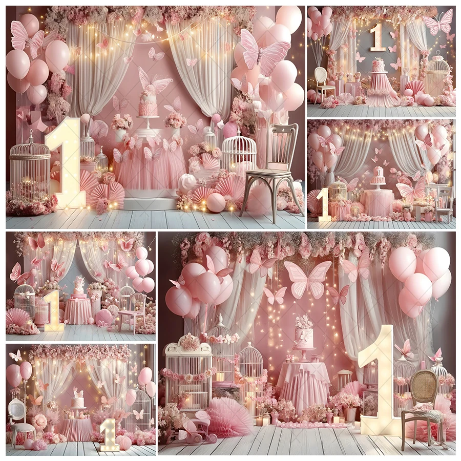 Pink Flower Butterfly Girl 1st Birthday Party Backdrop for Photography Balloon Cake Smash Baby Shower Birthday Photo Background