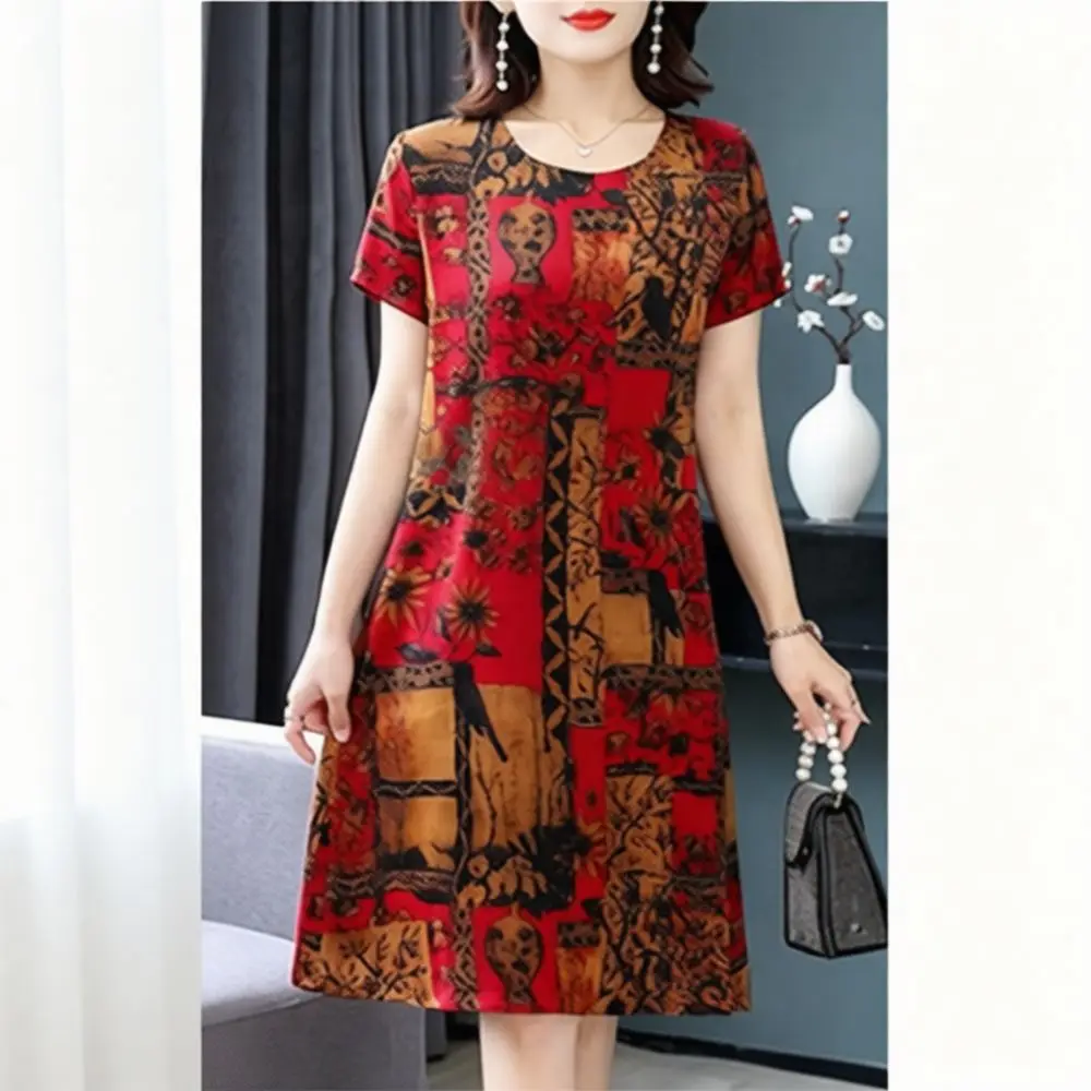 Vintage Floral Print Dress Summer Women Casual Short Sleeve Midi Clothing Soft Breathable Loose Fit Comfortable Mother Wear
