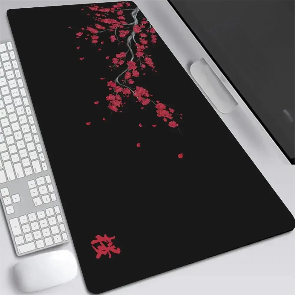 Red Sakura Mouse Pad Laptop Game Desk Mat Japanese Black Office Carpet Non-Slip Rug Stitched Edges for Home Gaming Accessories