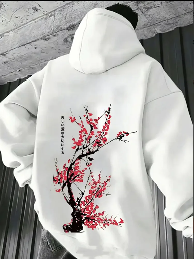 Japan Harajuku Plum Blossom Men Hoodie Sports Casual Fashion POP Y2K Fleeces Autumn Winter Long Sleeve Sweatshirt Top Clothing - Image 2