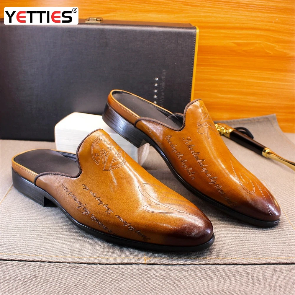 

Мужские кожаные мюли премиум-класса YETTIES для делового стиля | Летние сандалии-слипоны с тиснением | Уличные повседневные офисные тапочки больших размеров