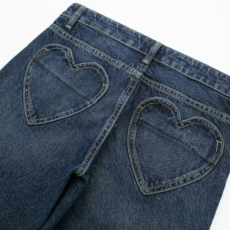 Tangada 2024 Women Blue Heart Pocket Jeans Pants Trousers Female Long Denim Pants 3H064