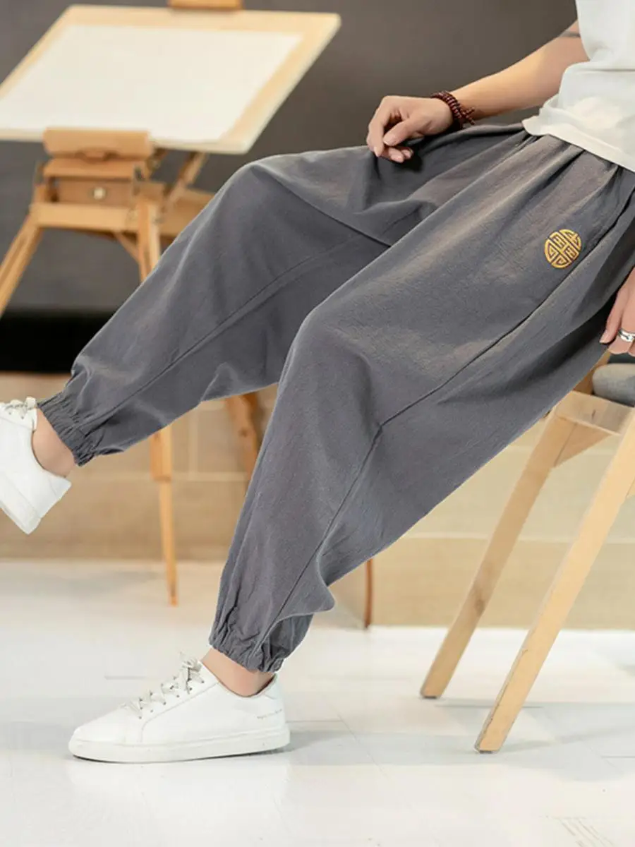 

Свободные мужские летние спортивные брюки из хлопка и льна, свободные леггинсы из девяти предметов с вышивкой, модные брендовые повседневные длинные брюки