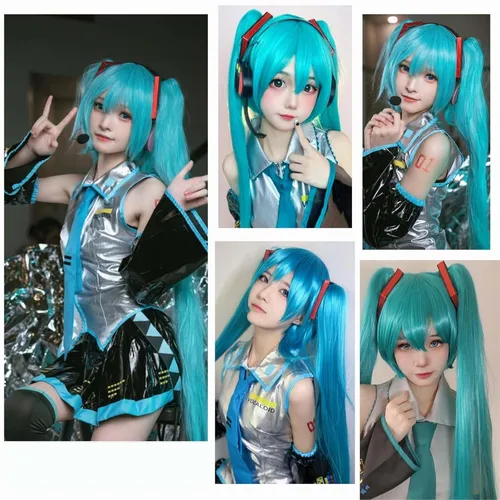 Imagen 2 del producto Peluca verde sintética Cosplay peluca verde verde azulado peluca de cola de caballo doble peluca verde larga con flequillo peluca recta peluca Kawaii peluca Miku