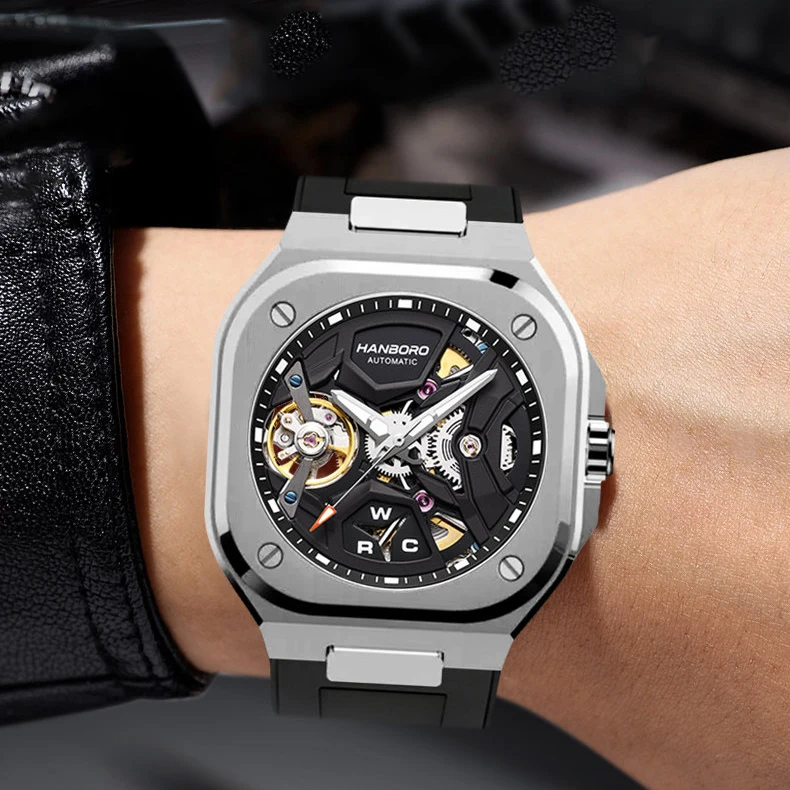 HANBORO Men Automatic Watch 42mm Mechanical Wristwatch Waterproof Luminous Sapphire 24 Hours Date Miyota 82S0 Skeleton Dial