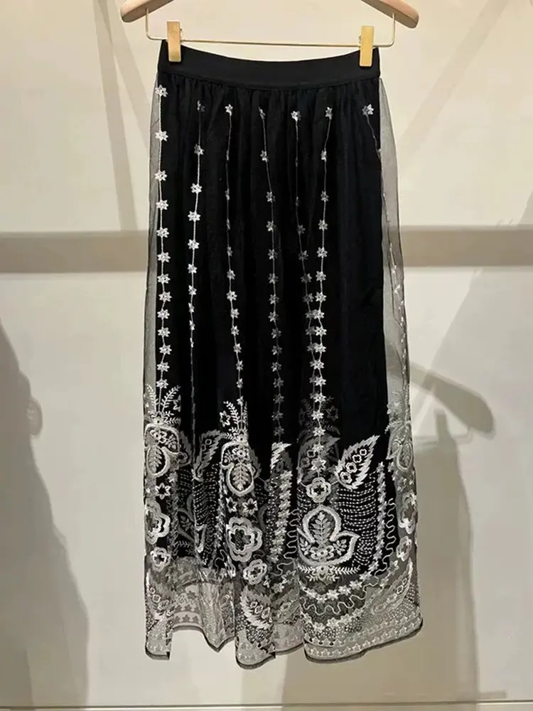 

Юбка-миди Ele с высокой талией и вышивкой, тяжелый рабочий растительный цветочный дизайн, двухслойная сетка, эффект похудения от M Home