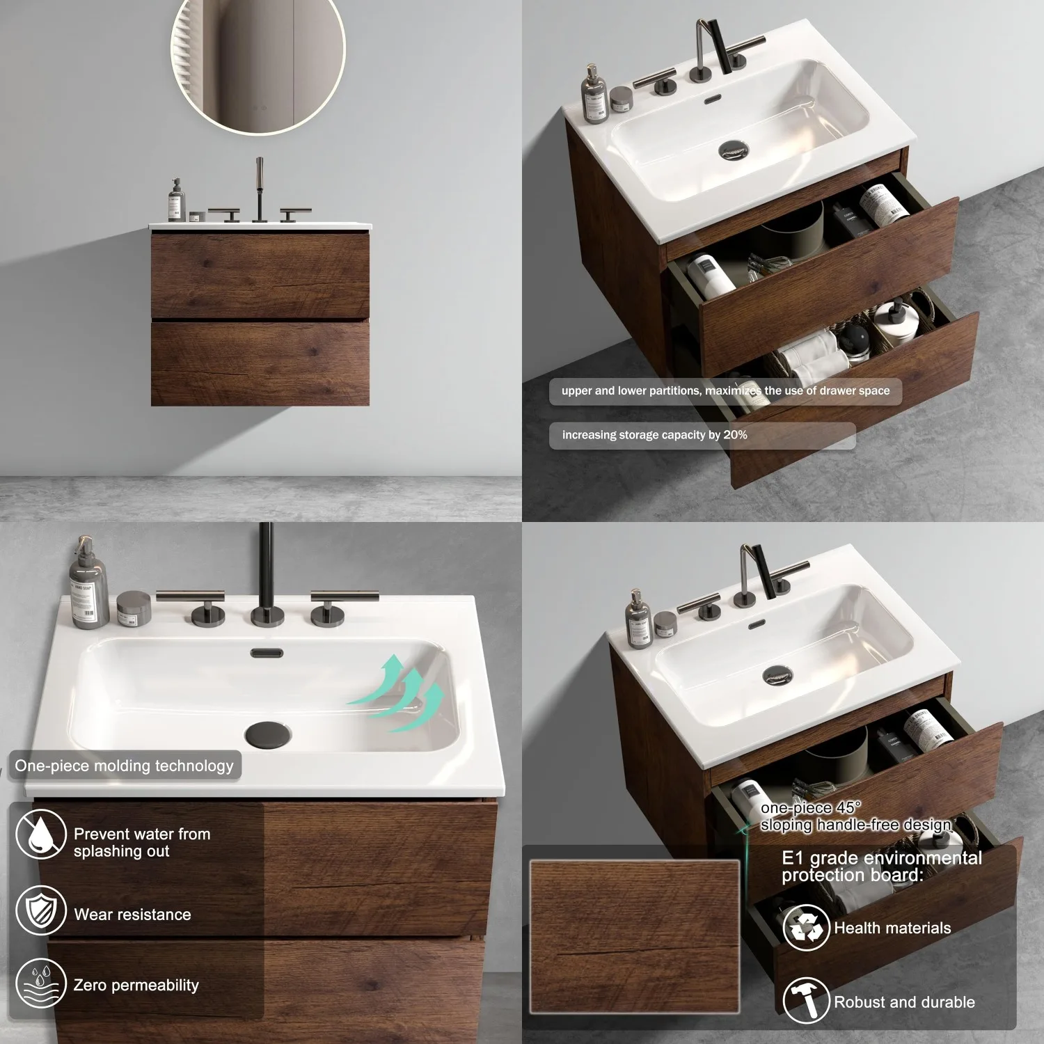 

Wall Mounted Floating Vanity Sink Solid Wood Matte Dual Faucet 24" Modern Compact Bath, Customized