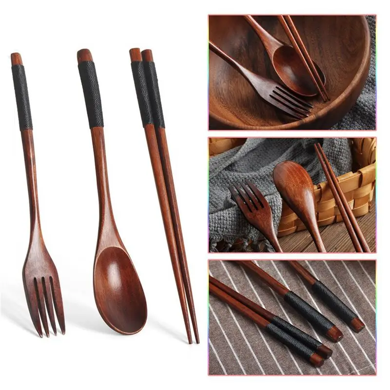 A74E-5X Wooden Flatware Set, Wooden Portable Set Chopsticks Spoon Fork Tableware Dinnerware With Black Twining Thread