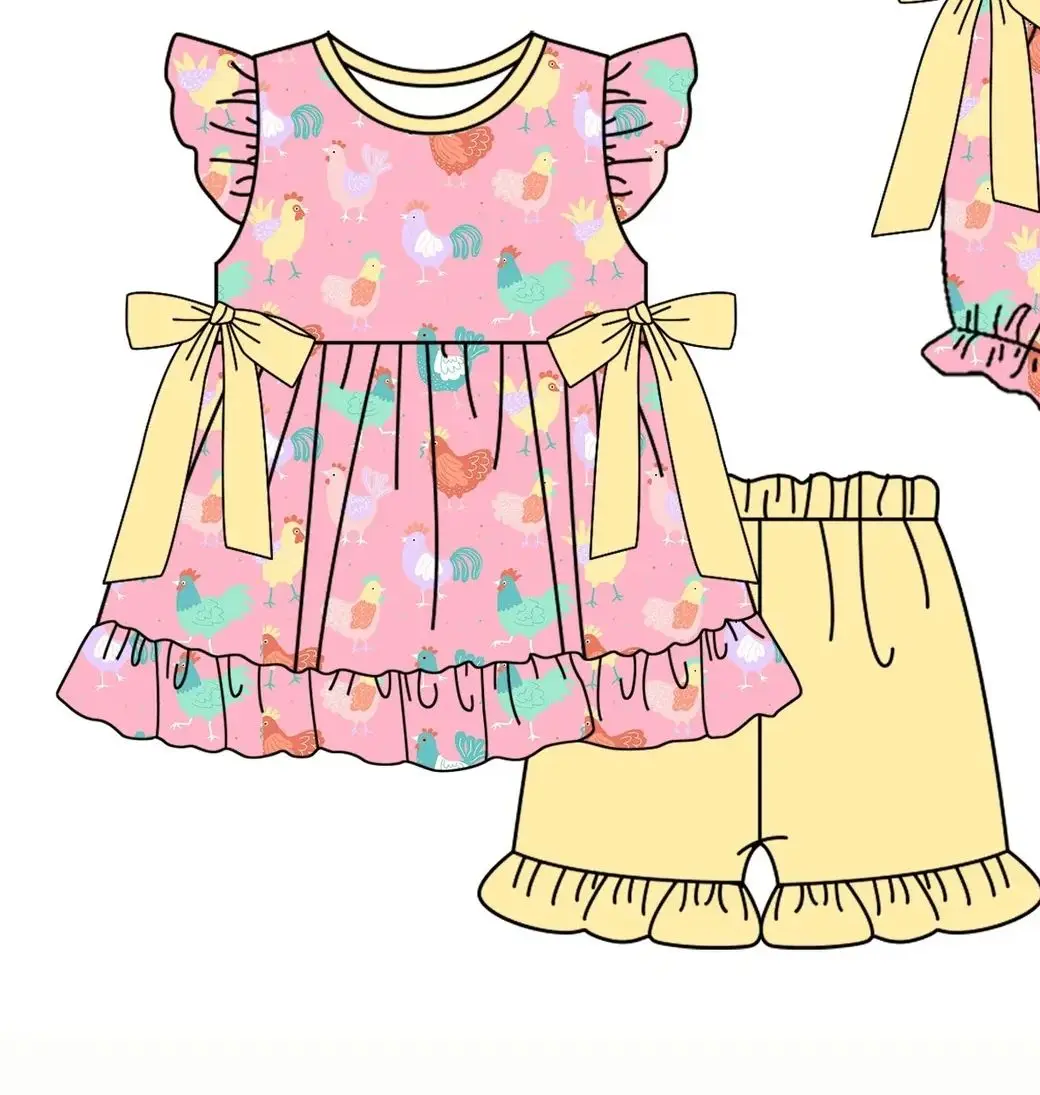 Summer Girls Boutique Farm Chick Outfit Pearl Sleeves Children Clothing Animals Print Shorts Sets Baby Romper
