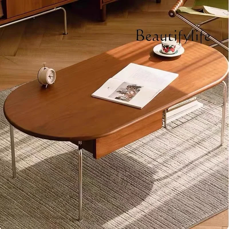 X40 Japanese Oval Coffee Table Small Apartment Living Room Household Solid Wood Stainless Steel Storage Multi-functional Tea Tab
