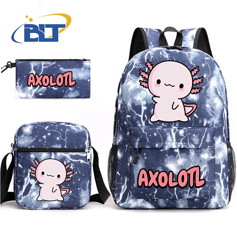 Sac à Dos Mignon Axolotl Imprimé pour Écolier, Ensemble de 3 Pièces, Trousse à Crayons, Cadeau pour Enfant