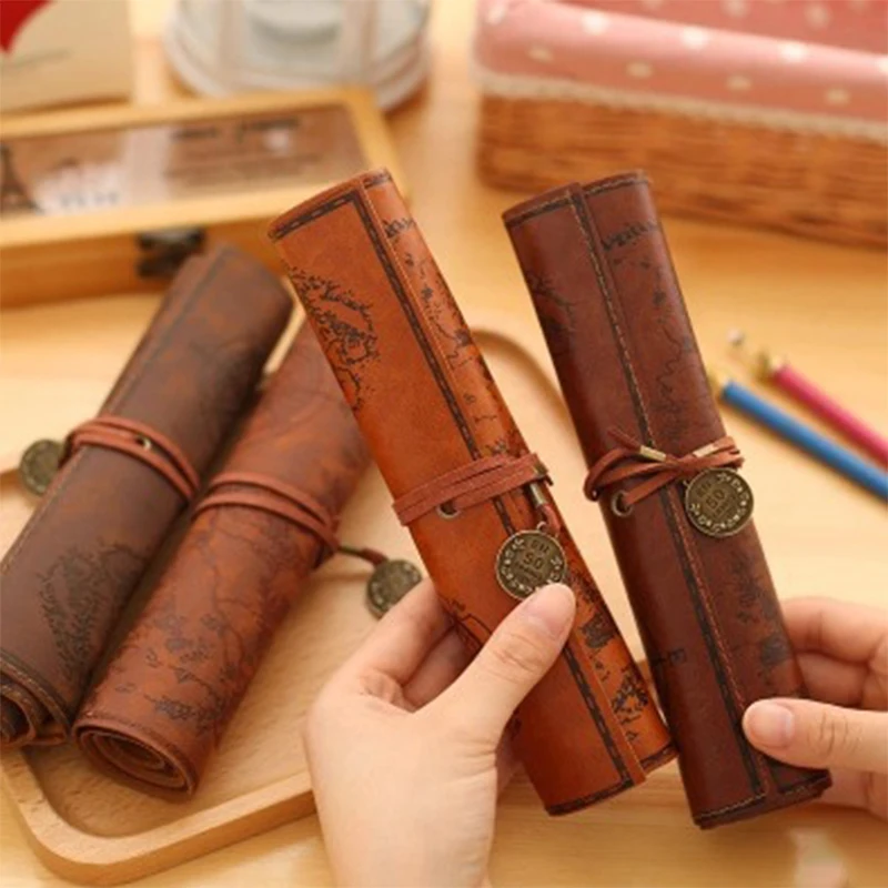 

1PC Creative Treasure Map Retro Pencil Case Leather Large Capacity Roll Pencil Bag Embossed Buckle Simple Stationery Box Roll