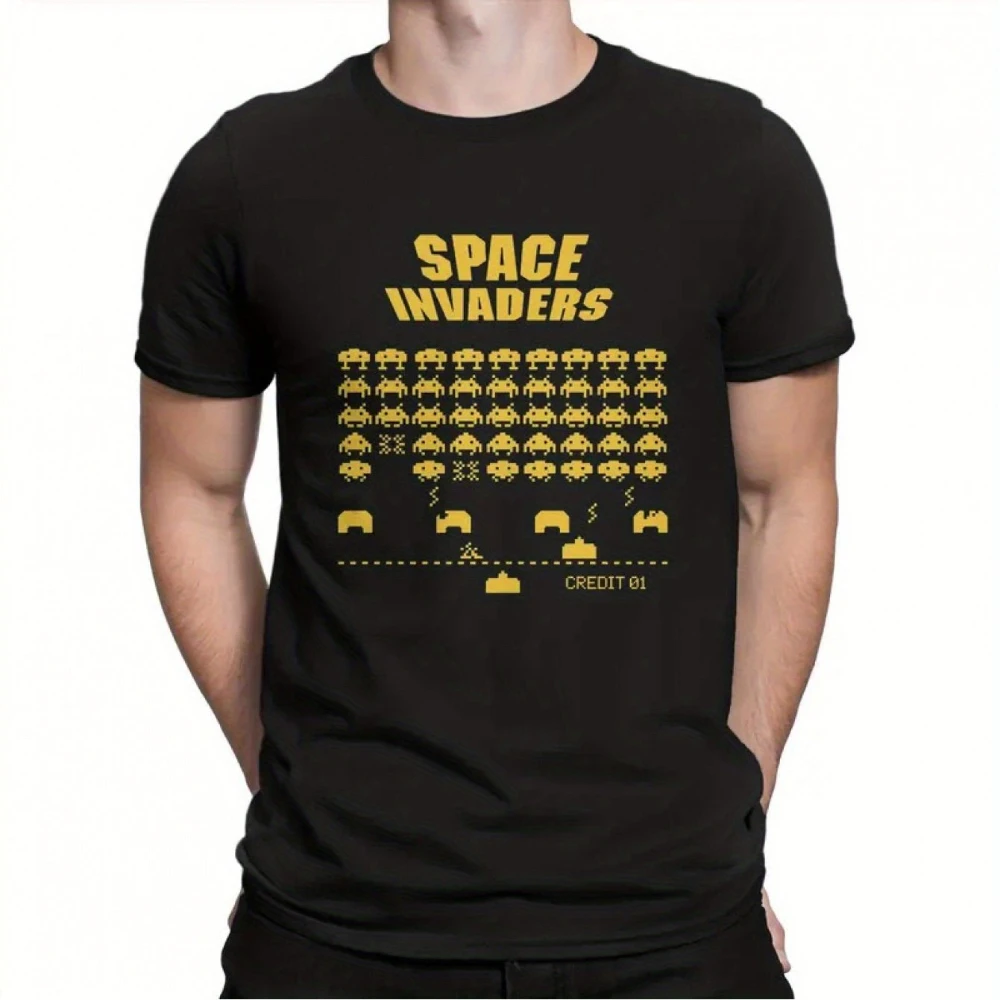 Retro Space Invaders Graphic T-Shirt for Men Made of Loose Fit Vintage Arcade Style Short Sleeves Men's T-shirts for Summer