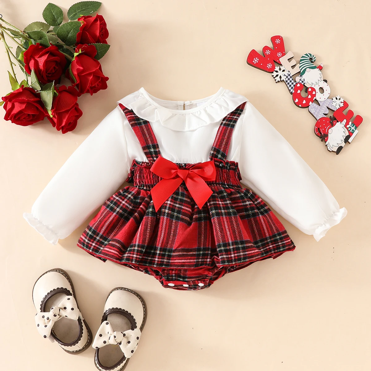 0-18 Months Baby Girl Triangle Crawl Suit Casual and Cute Preppy Style Doll Collar Bow Fake Two-Piece Suspender Red Plaid One-Piece Triangle Suit