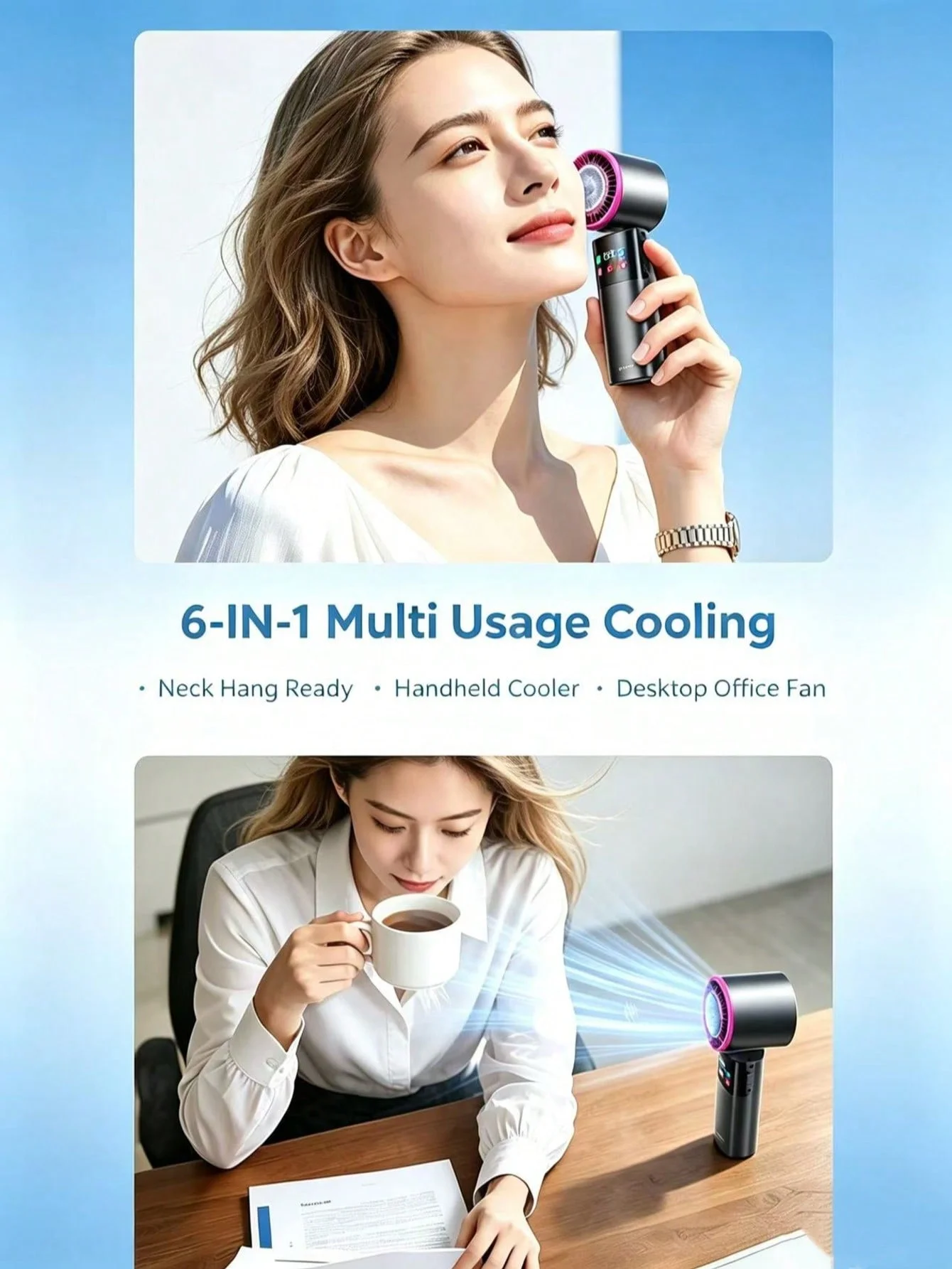 1. Tragbarer Handventilator und Nackenventilator mit 199 einstellbaren Geschwindigkeitsstufen, digitalem Farbdisplay, Kühlfunktion und Kompressefunktion, Typ-C-Ladefunktion, geeignet für Reisen im Freien, Büro, Camping – Detail 3