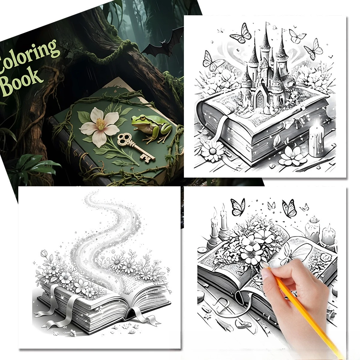 Mystic Enchanted Forest Coloring Book Vintage Magic Book Frog Red Spotted Mushroom Bat Dark Mossy Wood Witchy Sketch Notebook view 3