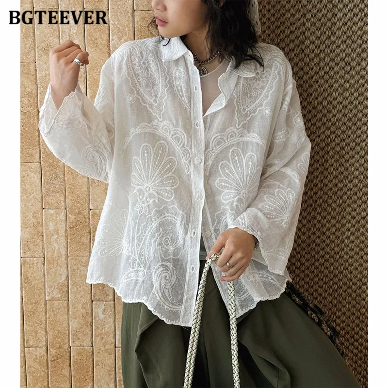 

BGTEEVER Винтажный полупрозрачный кардиган с цветочной вышивкой, свободный крой, женский белый топ