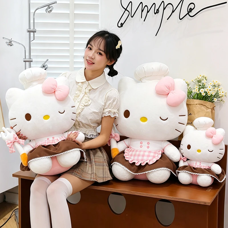 サンリオ特大サイズ可愛いシェフハローキティぬいぐるみ、エプロンと帽子付き、柔らかいサンリオktキャットぬいぐるみ、キュートなキッチンデコレーションギフト