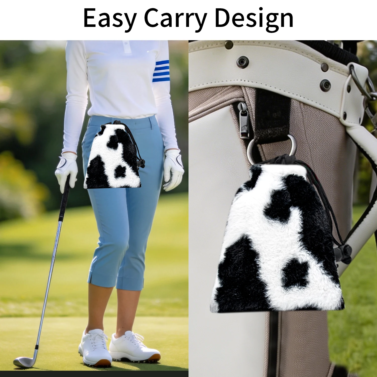 1PC Plush Cow Pattern Golf Drawstring Bag, Random Print, Portable Fluffy Pouch for Golf Balls Tees Small Accessories, Nice Gift
