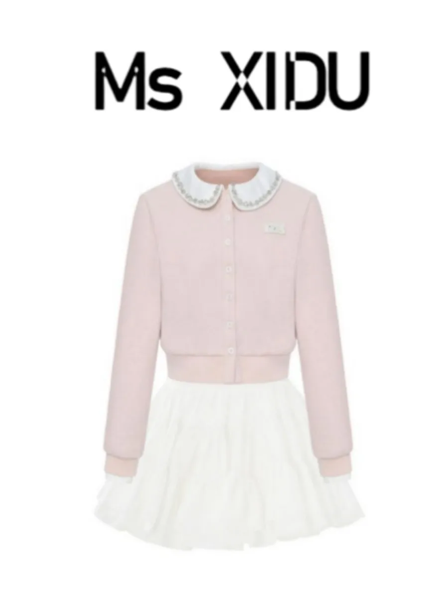 

Pink Bouffant Skirt Set Ms XIDU Rich Girl Style College Preppy Fashion Two-Piece Suit High Waist Short Pants Button Closure