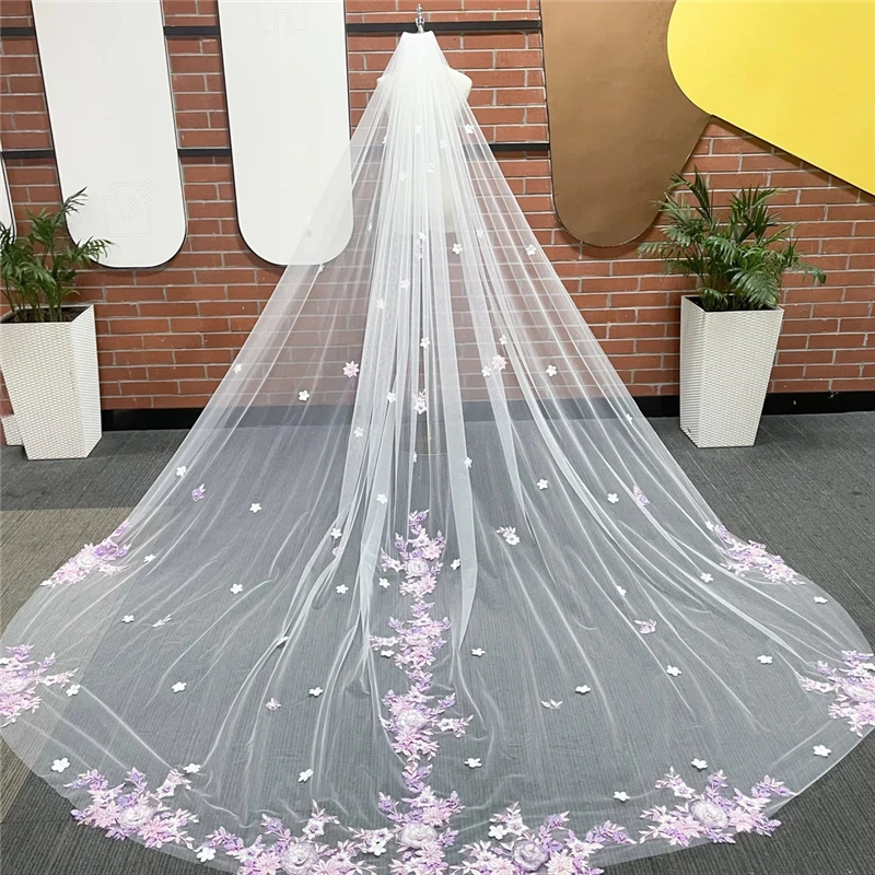 

3D Floral Bridal Wedding Veils With Comb Accessories For Brides Purple Pink Flowers Beaded Pearls White Tulle Cathedral Long