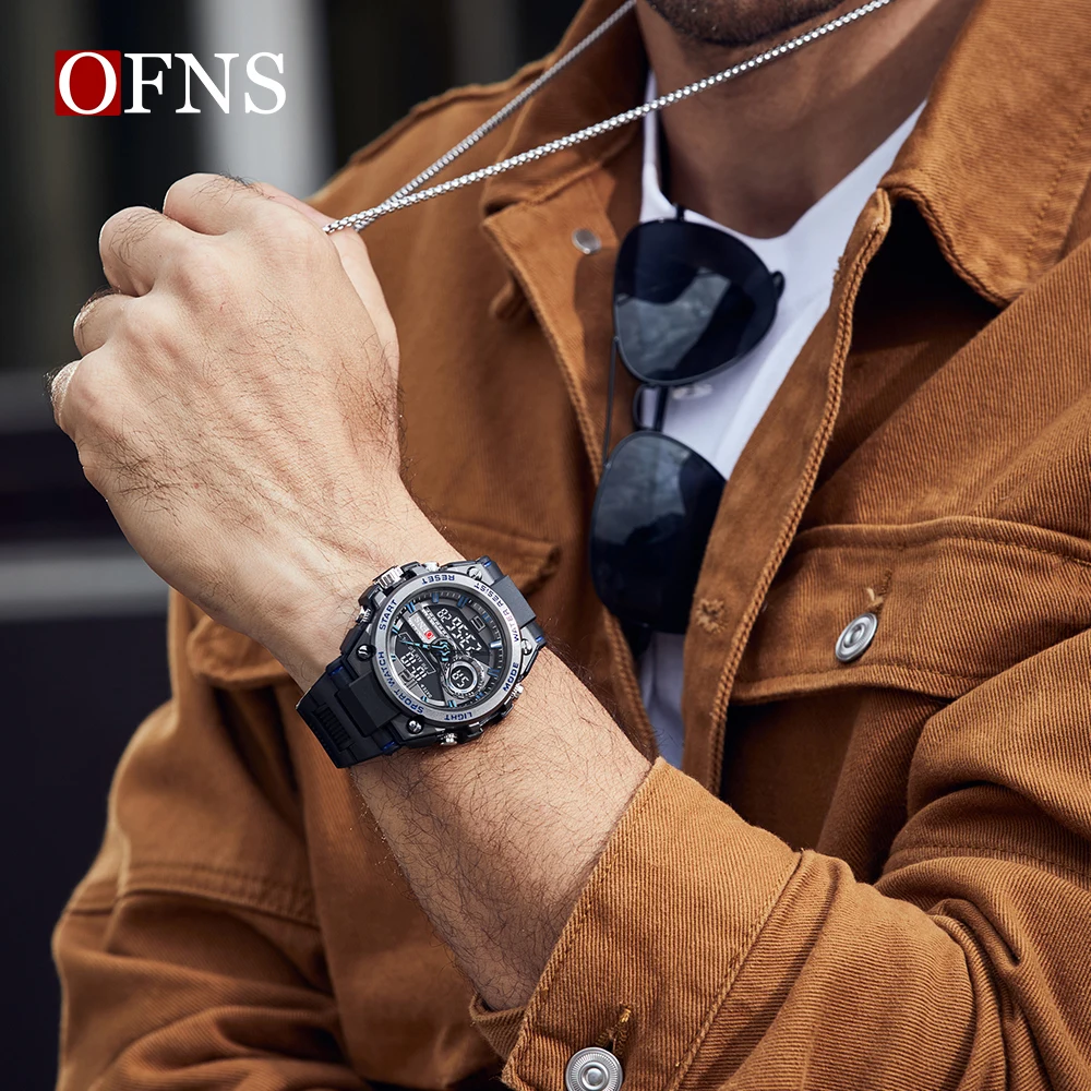 OFNS Top Dual Display Men Watches Waterproof Sports Watch Military Man Alarm Stopwatch Quartz Wristwatch Male LED Digital Clock