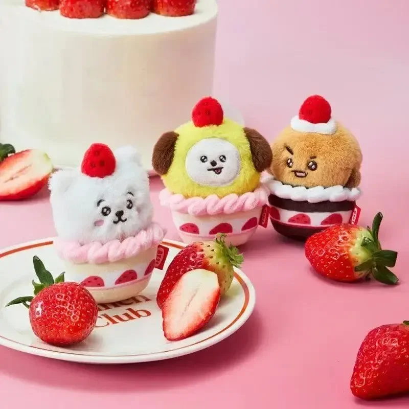 LINE FRIENDS 2026 Limited BT21 Strawberry Party Cupcake Plush Keychain Full Set, Star Same-Style Mini Doll Pendant