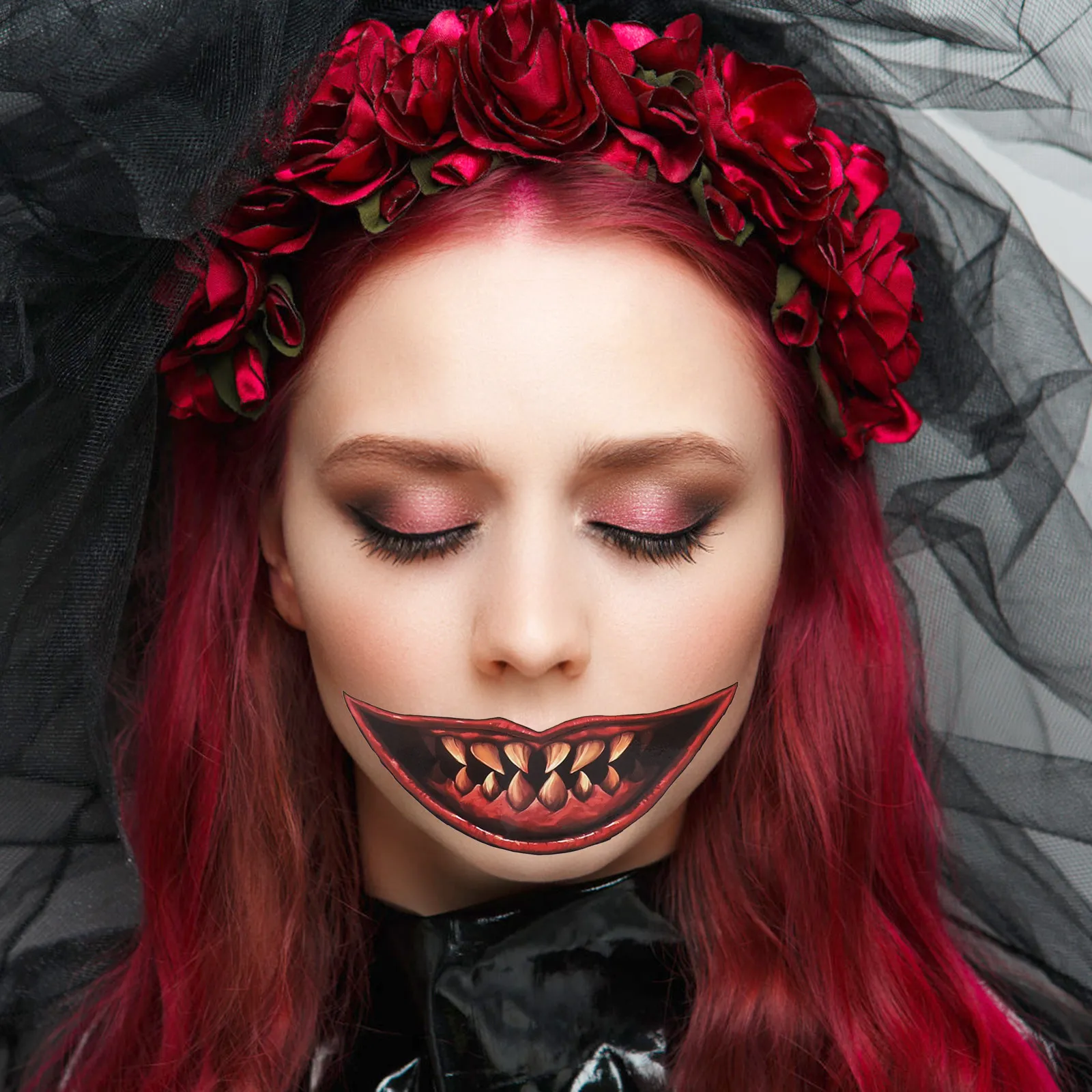 

12 Sheets Big Mouth Tattoo Sticker Face Temporary Halloween Decor Scary Teeth Party Costumes Safe Material Creative Style