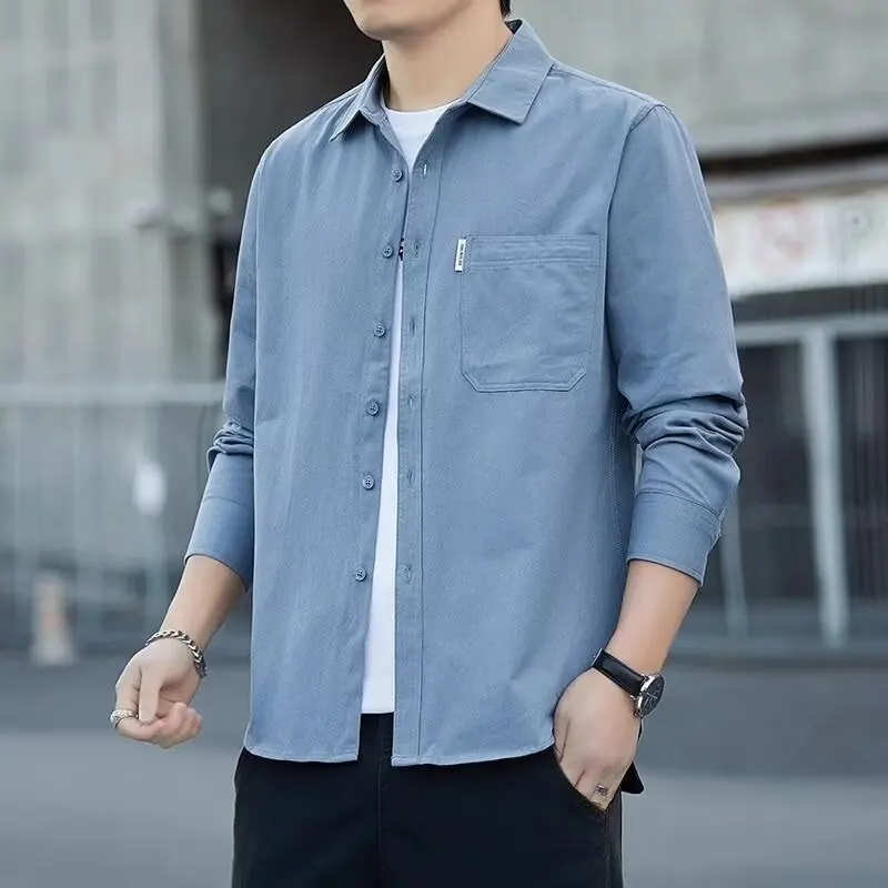 メンズ作業服長袖シャツ耐久性汚れに強いスタンダードフィット若者ファッション春シーズンボタン留めピュアカラー