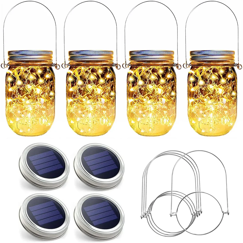 Solar Mason Jar Lid Light 20 Leds Fairy String Lights with Handles for Garden Hanging Lantern Patio Wedding Party (No Jar)