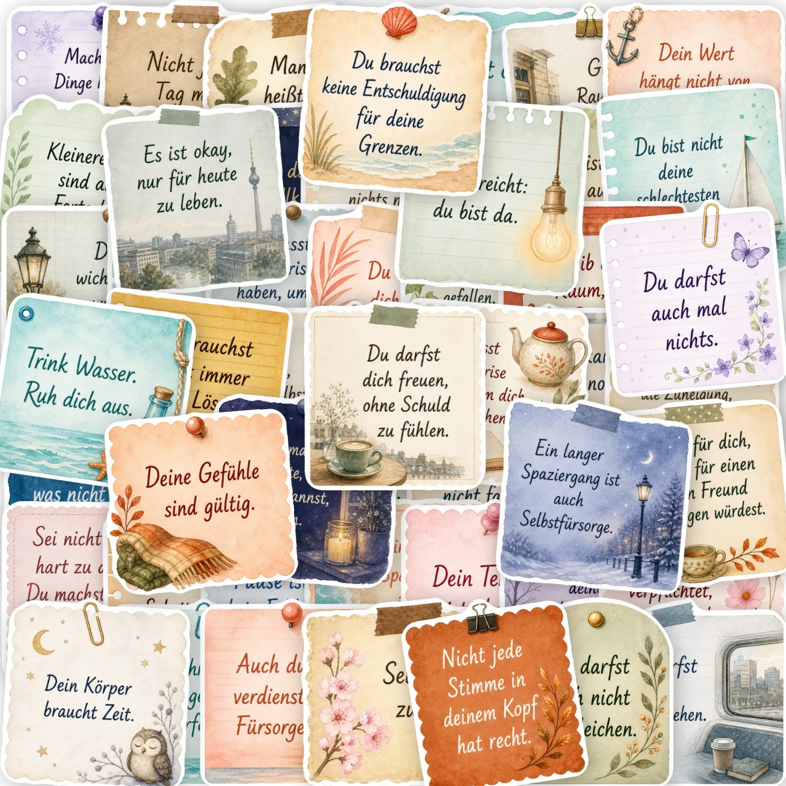 50PCS German Healing Quote Retro Sticky Note Sticker Self Encouragement Quote Student Hand Account DIY Decorate Waterproof Decal