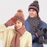 Women Fleece Lined Jacquard Warm Knitted Hat with Plush Ball Winter Beanie Hat Long Scarf Touchscreen Gloves Set