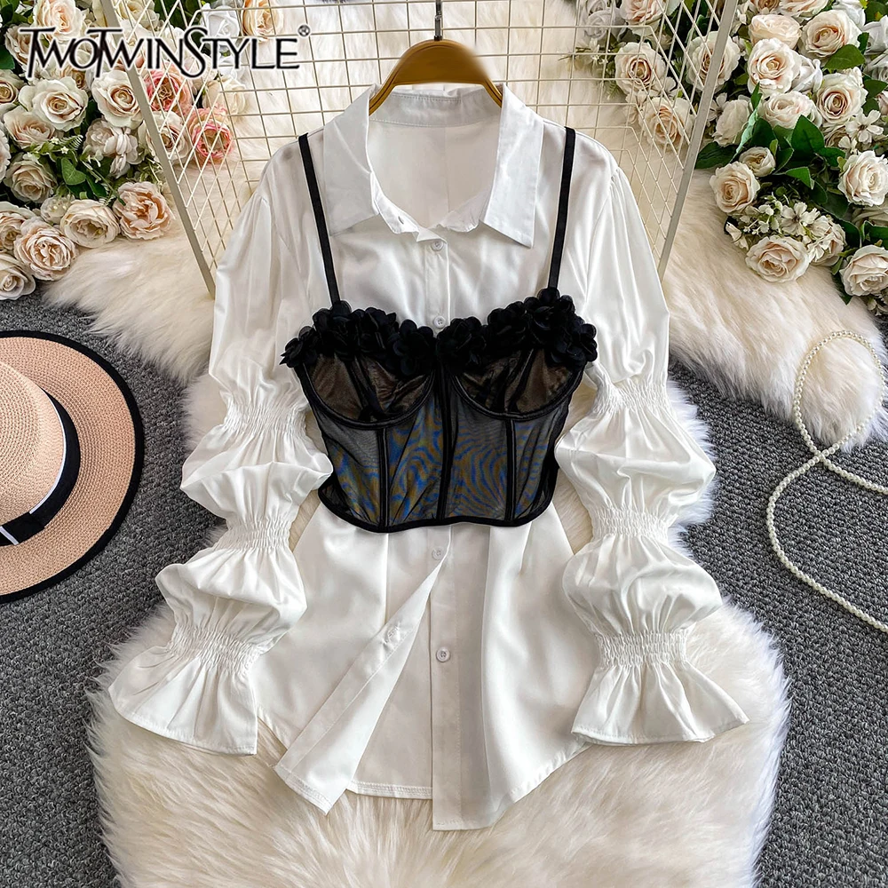 

TWOTWINSTYLE дизайнерские утягивающие блузки для женщин, жилет без рукавов с лацканами и длинными рукавами, повседневная блузка, женская мода, новинка KBL547351