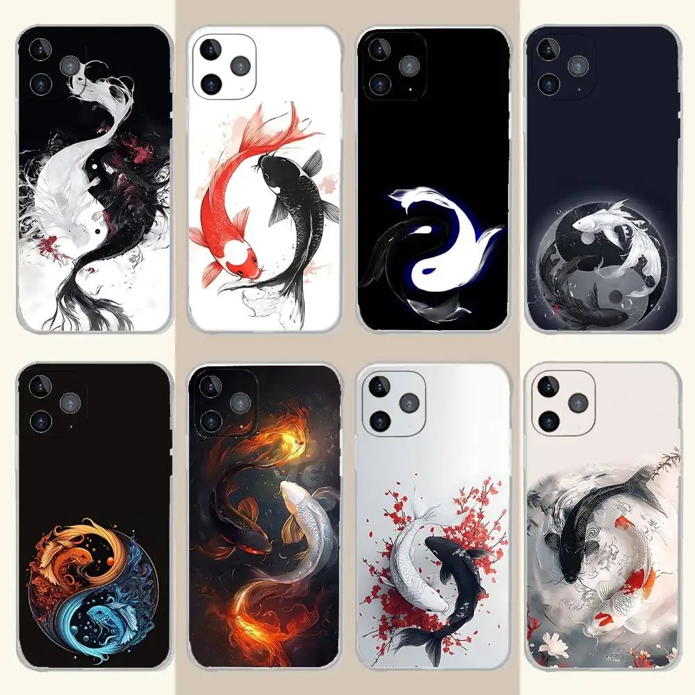 

Koi Carp Fish Yin Yang Art Phone Case For iPhone 17,16,15,14,13,12,11 Pro,Max,Plus,X,XS,XR,SE4,E Mini Transparent Soft Cover