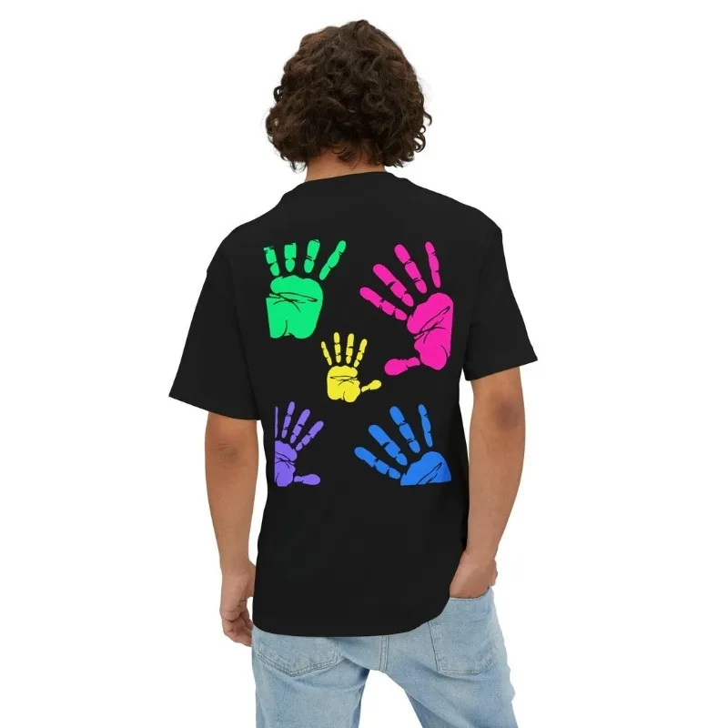 

Colorful Handprint Graffiti Style Printed Crewneck Summer Short Sleeved Cotton Loose T-shirt for Casual Style ForBothMenandWomen