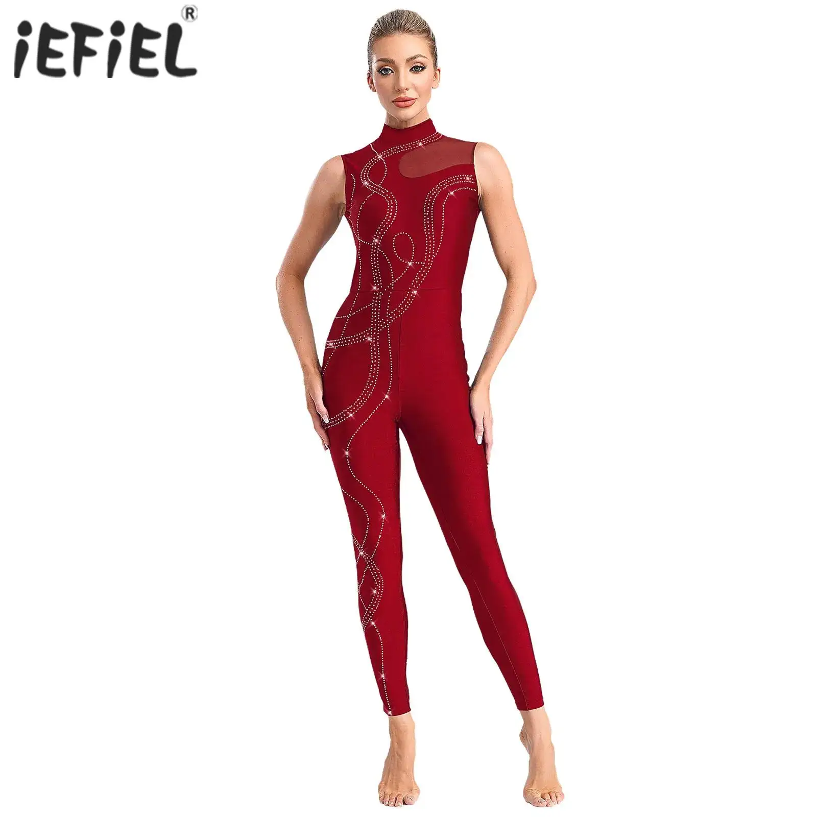 

Womens Shiny Rhinestones Gymnastics Figure Skating Ballet Dance Unitards Tight Fitting Jumpsuit Performance Bodysuit Costume