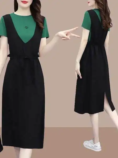 

Летнее платье больших размеров для женщин: свободный крой, короткий рукав, скрывающее живот, стройнящее, модное, повседневное, с завышенной талией, А-силуэт