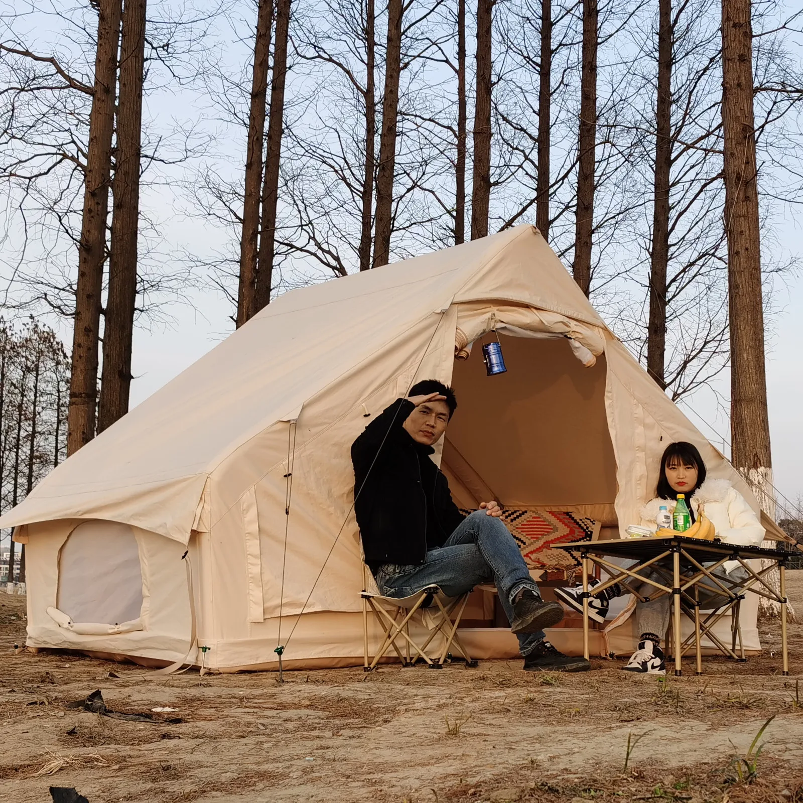 

Outdoor Camping Tents Beige Oxford Bell Tent Inflatable Camping Tube Tent