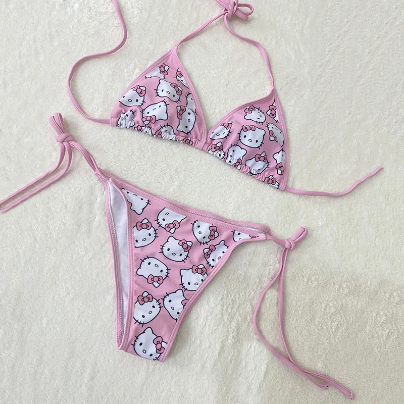 Sexy Bikini Y2k Sanrio Hello Kitty Kawaii Bikinis Set Cute Cartoon Anime Summer Beach Soft Side Strappy Panties Kawaii Swimsuit