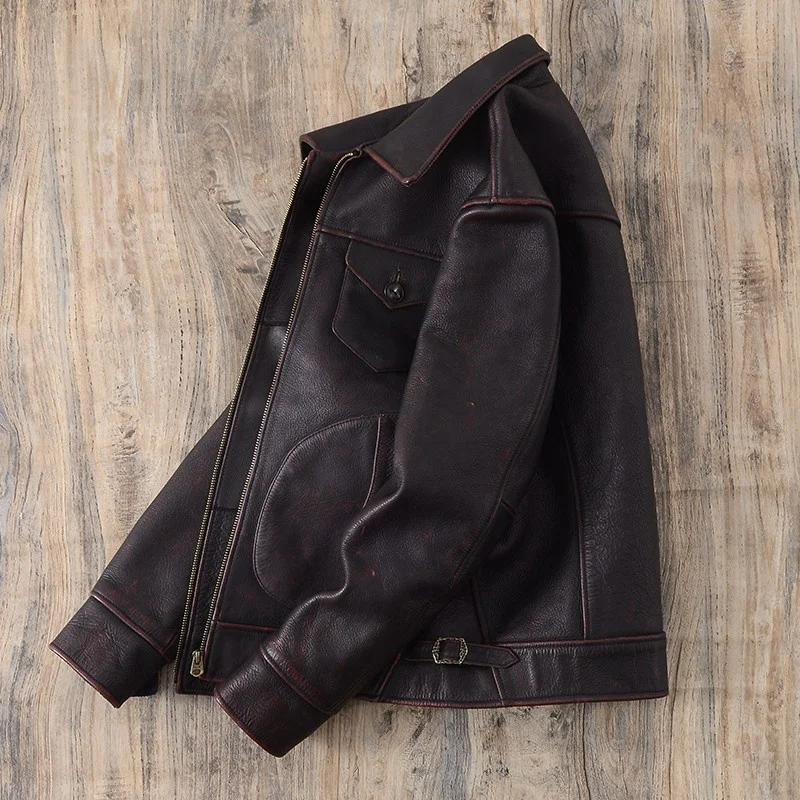 

Мужское кожаное пальто в стиле ретро American Sle Motorcycle Jaet с верхним слоем из воловьей кожи Faion Urban Casual ort Sve на молнии