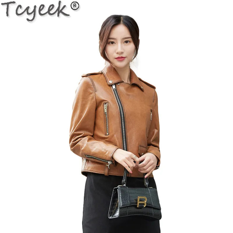 Tcyeek-Veste en cuir véritable pour femme, manteau en peau de mouton véritable, vestes de moto pour femme, coupe couvertes, vêtements de printemps et d'automne