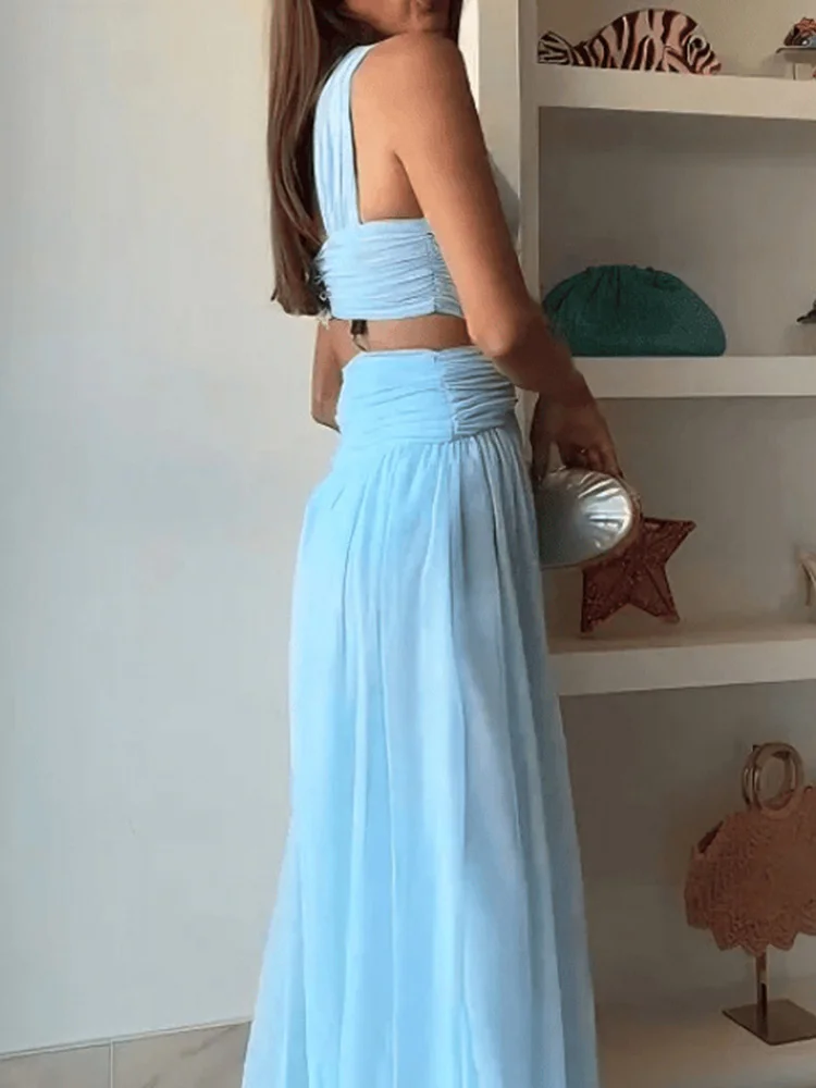 

Летнее однотонное тонкое банкетное платье, женское плиссированное вечернее платье с высокой талией и открытой спиной, сексуальное длинное платье без рукавов с лямкой на шее