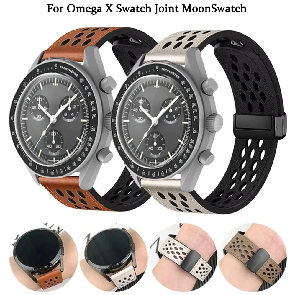 20mm Leather Breathable Strap For Omega X Swatch Joint MoonSwatch Bracelet Correa For MoonSwatch Magnetic Buckle Watch Band