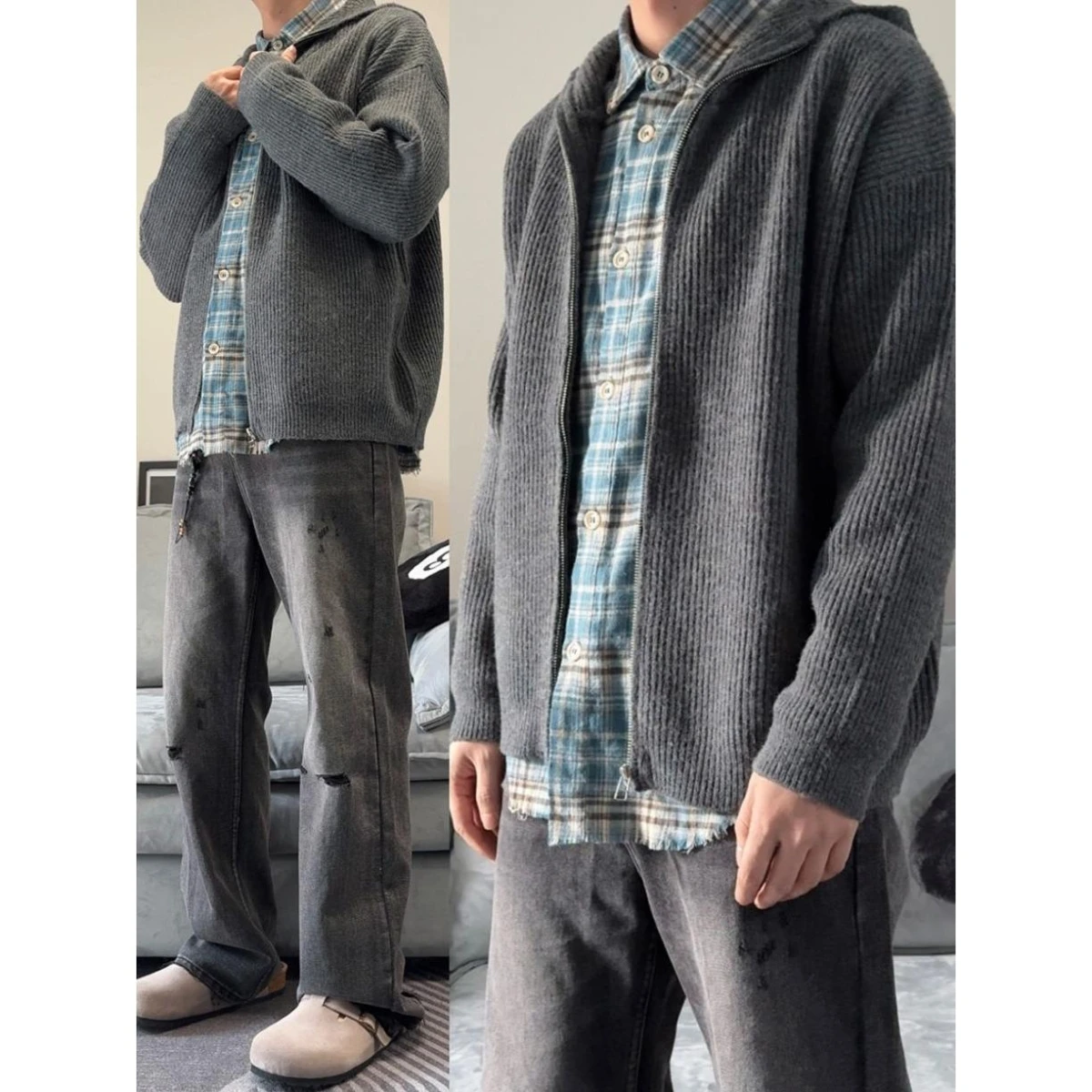 Cleanfit Knitted Cardigan Jaet Men's Trendy Brand High-End Deep ey Hooded Sweater Lazy Sle Retro Japanese Feel