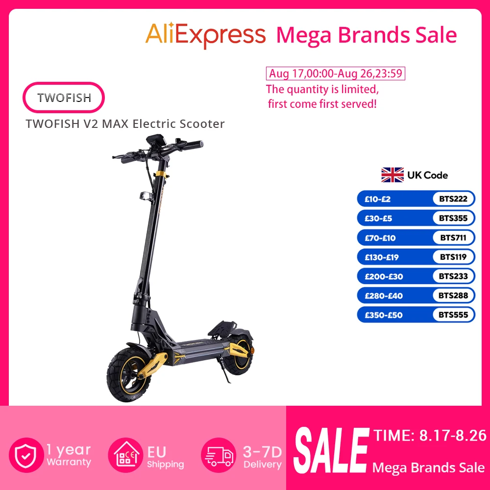 TWOFISH V2 MAX Electric Scooter 600W 48V 17Ah 10" Tyres 53km/h Speed 40kmRange Mech Disc Brakes Spring Suspension Adult Commuter