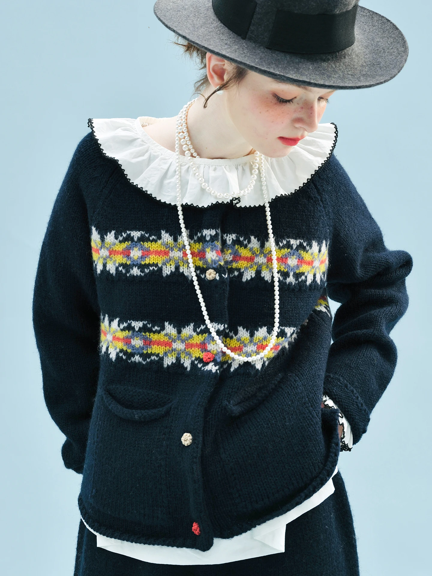 Imakokoni 2025 invierno Retro artístico Fair Isle peso pesado tejido grueso lana pura mujer suéter abrigo 255236