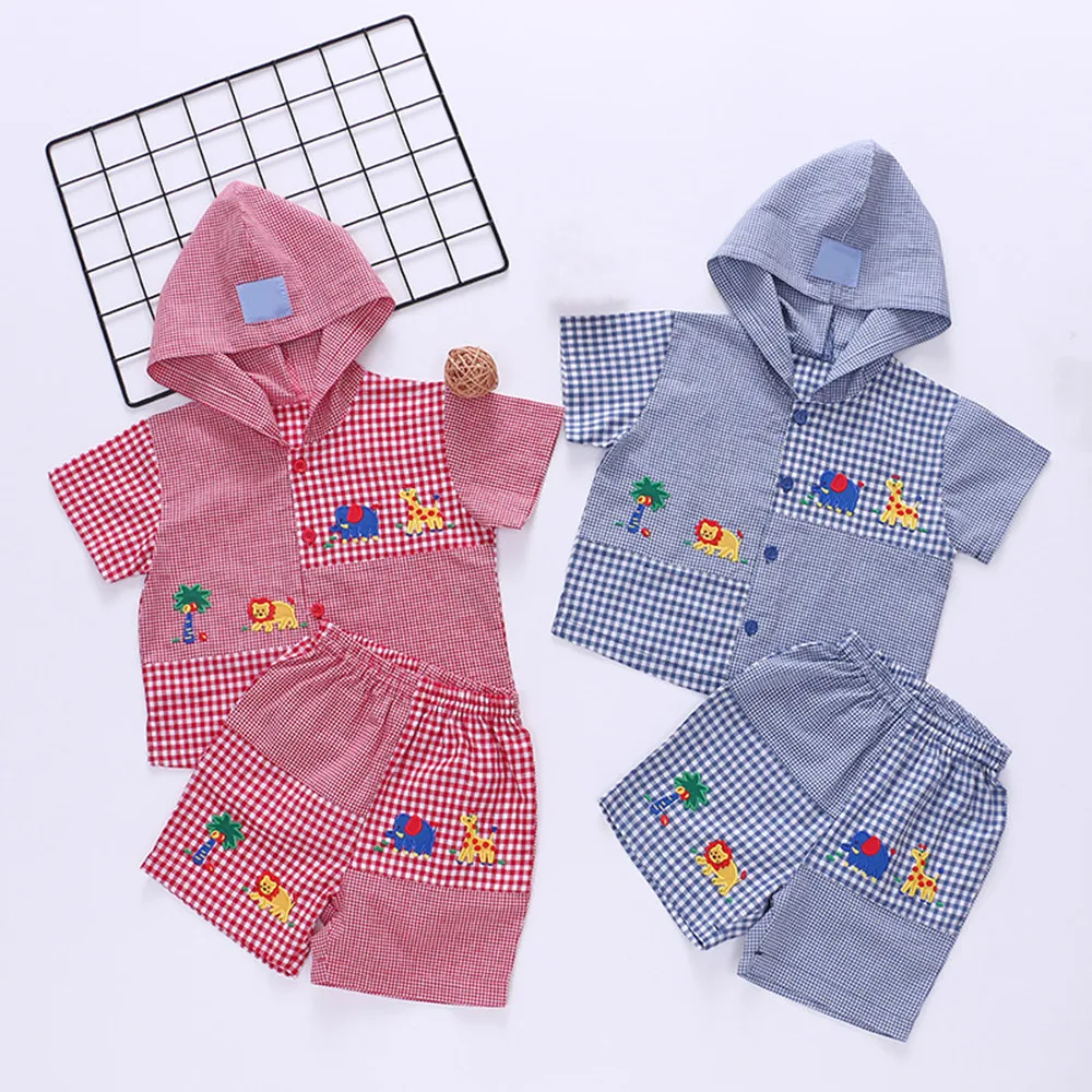 

summer kids' sets and outfits cartoon embroidery checkered pattern Boys' and girls' short-sleeved shirts and shorts