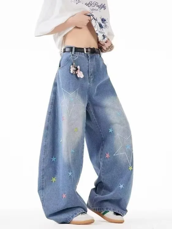 Calças Jeans Retrô Americanas com Bordado de Estrelas, Corte Solto e Perna Larga, Design Lavado, Jeans Casuais de Corte Reto ...