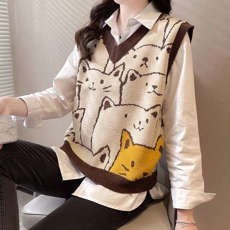 Women Sweater Vests Cat Print Knit Pullover Sleeveless V-neck Tank Sweater Autumn Winter Loose Fitting Top Streetwea Vintage